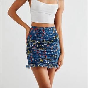 Free People Romi Mesh Mini Skirt Blue Floral Pull-On Stretch Small Women